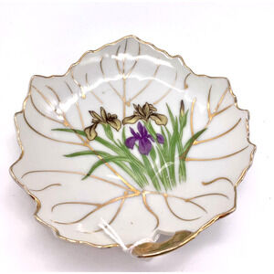 Vtg Dish Painted Iris Flowers Leaf Gold Napco Porcelain Jewelry Vanity Cottage